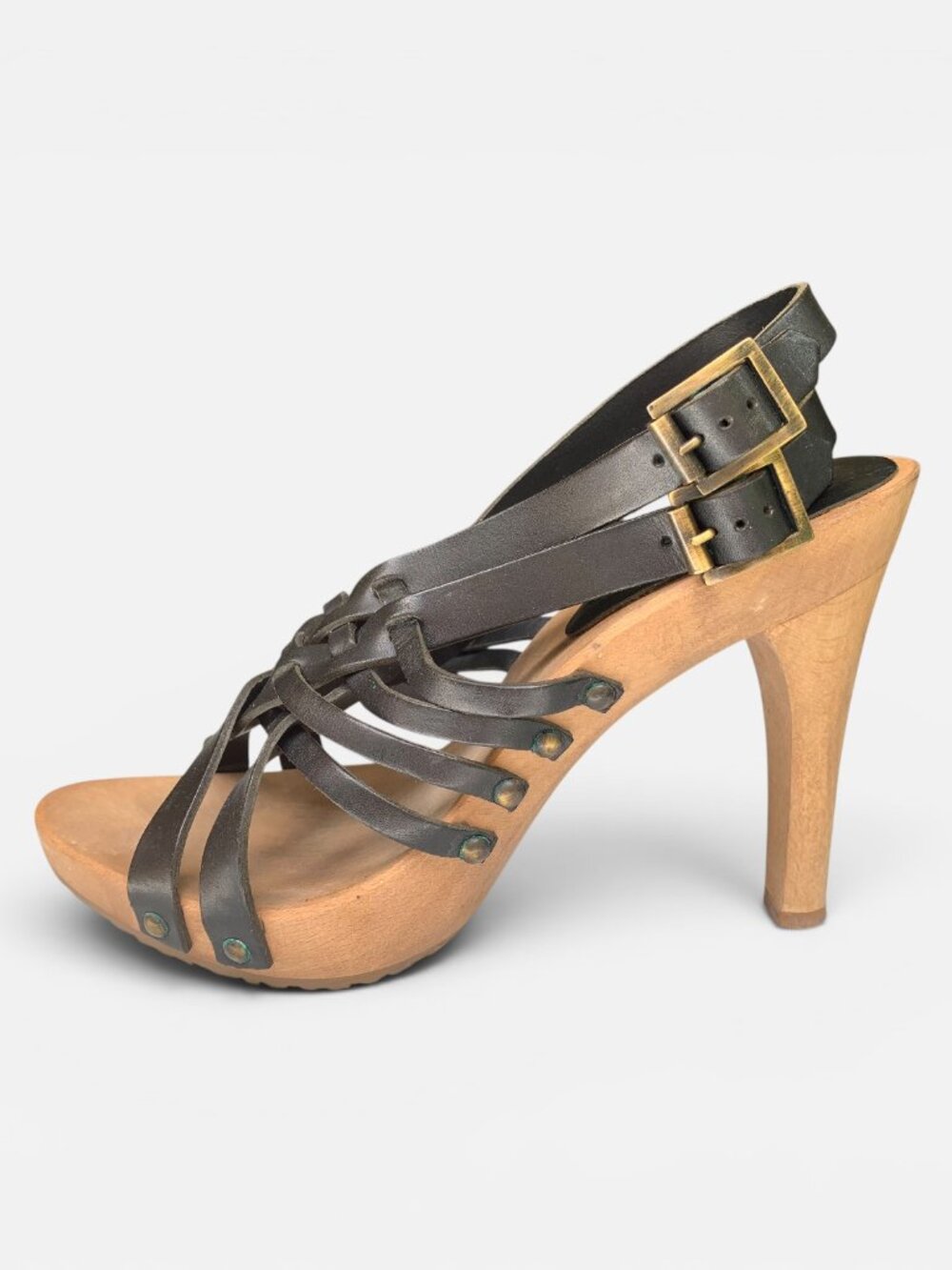 Chloe wooden base black leather strappy sandals, Size 38